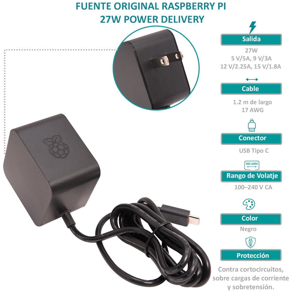 Fuente de Alimentación Oficial Raspberry Pi 5 (27W) | USB-C Power Supply