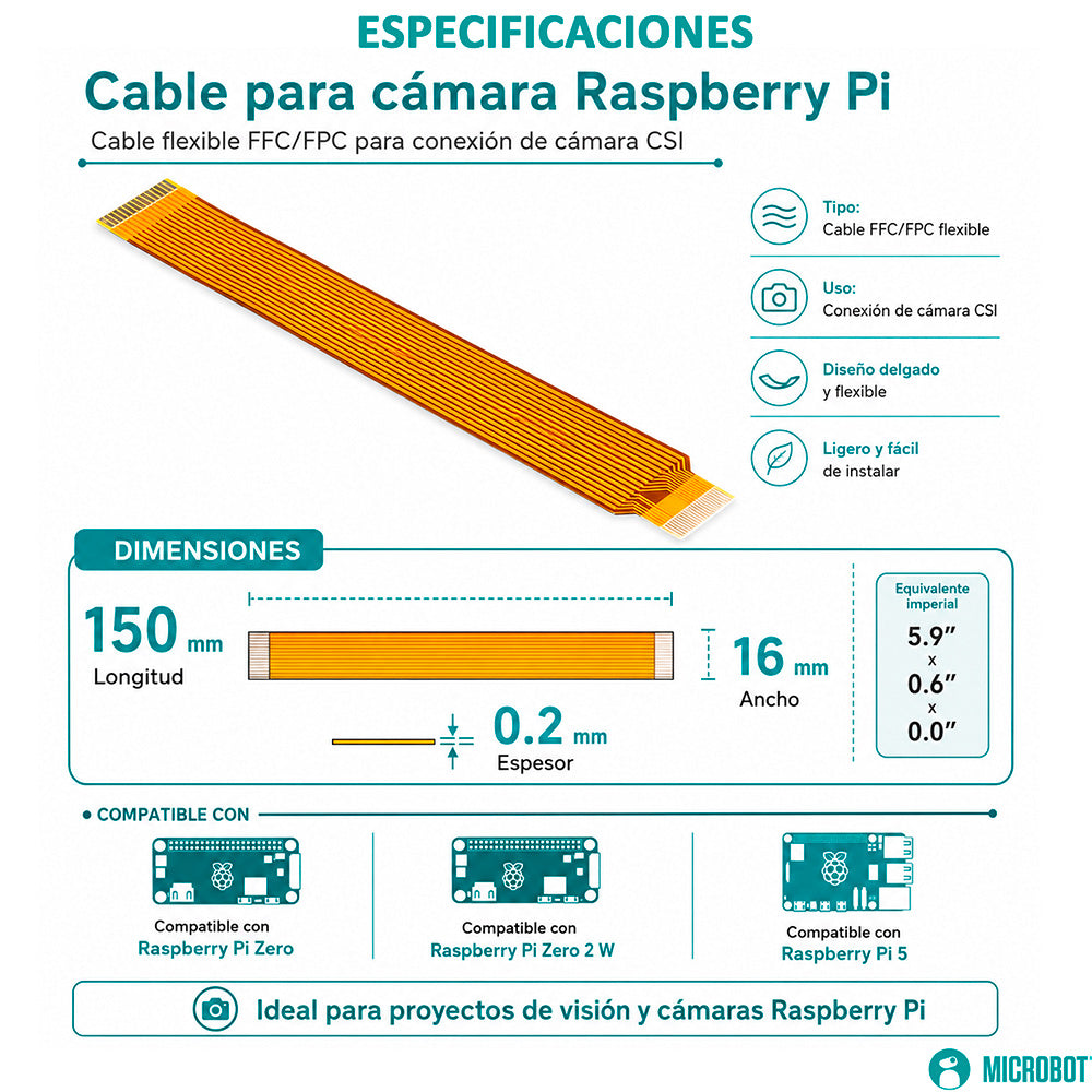 Cable Cámara Raspberry Pi 5 y Zero FPC  15cm 22-Pin a 15-Pin