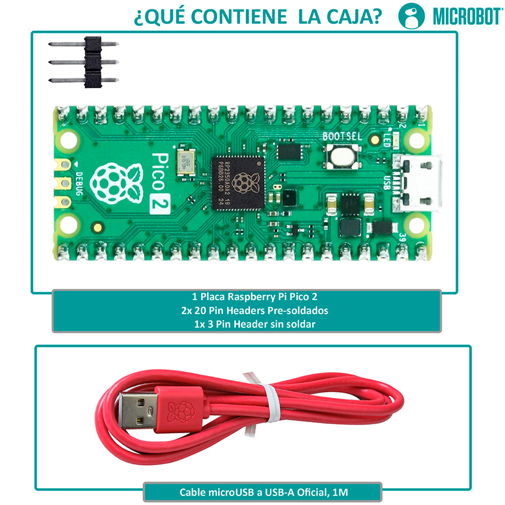Kit Raspberry Pi Pico 2 RP2350 Header Soldado Cable Oficial