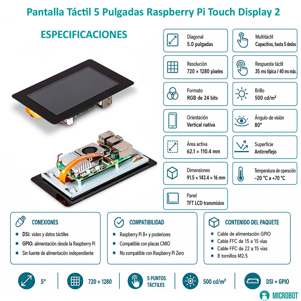 Pantalla Táctil 5 Pulgadas Raspberry Pi Touch 2 HMI DSI Portrait