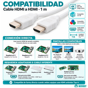 Cable HDMI Oficial Raspberry Pi 1 Metro Blanco