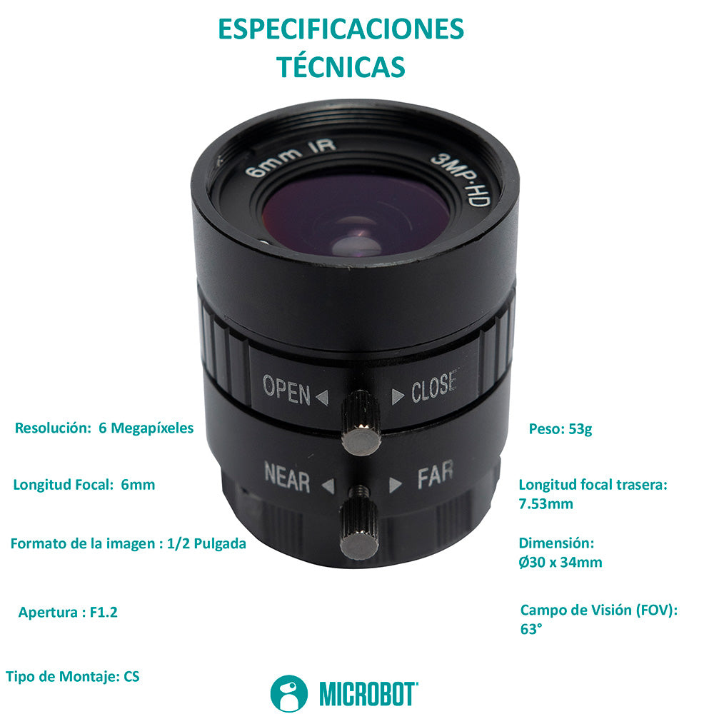 Lente 6mm CS-Mount F1.2 para Cámara HQ Raspberry Pi IMX477