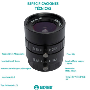 Lente 6mm CS-Mount F1.2 para Cámara HQ Raspberry Pi IMX477