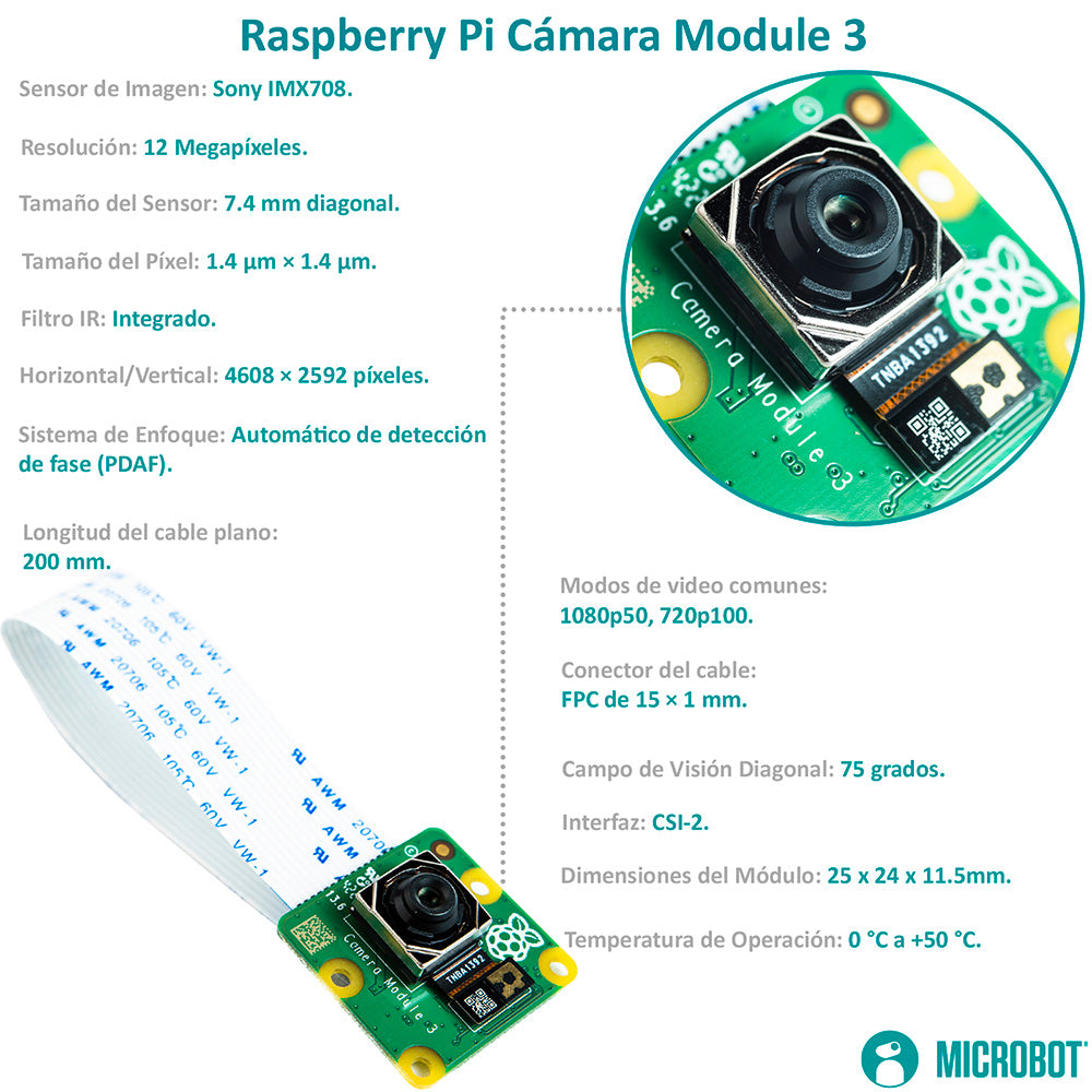 Cámara Raspberry Pi Module 3 12MP Autofocus IMX708