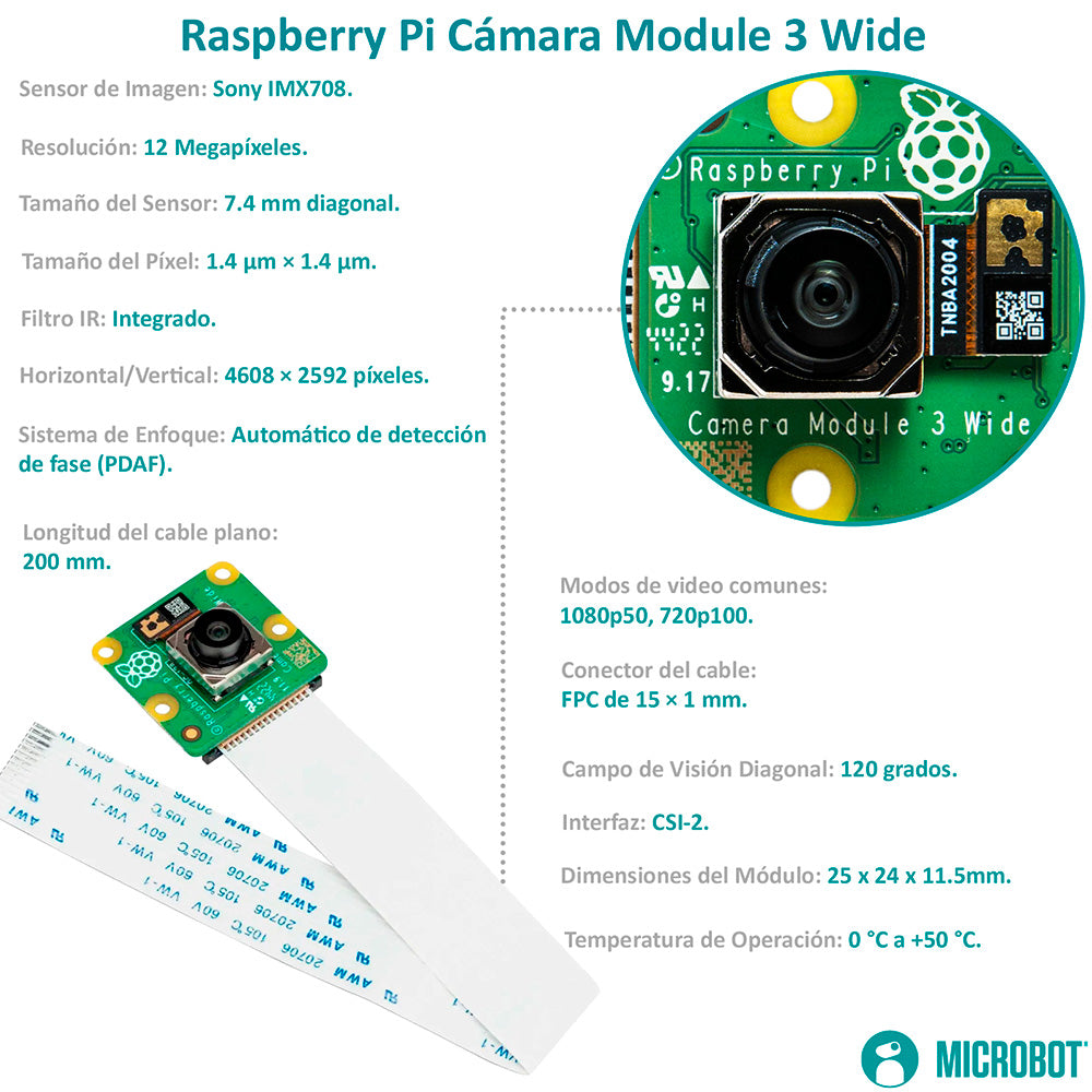 Cámara Raspberry Pi Module 3 Wide 12MP Autofocus IMX708