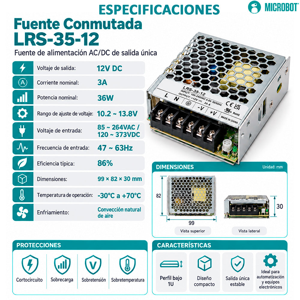Fuente 12V 3A 36W Conmutada Industrial