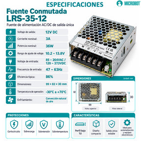 Fuente 12V 3A 36W Conmutada Industrial