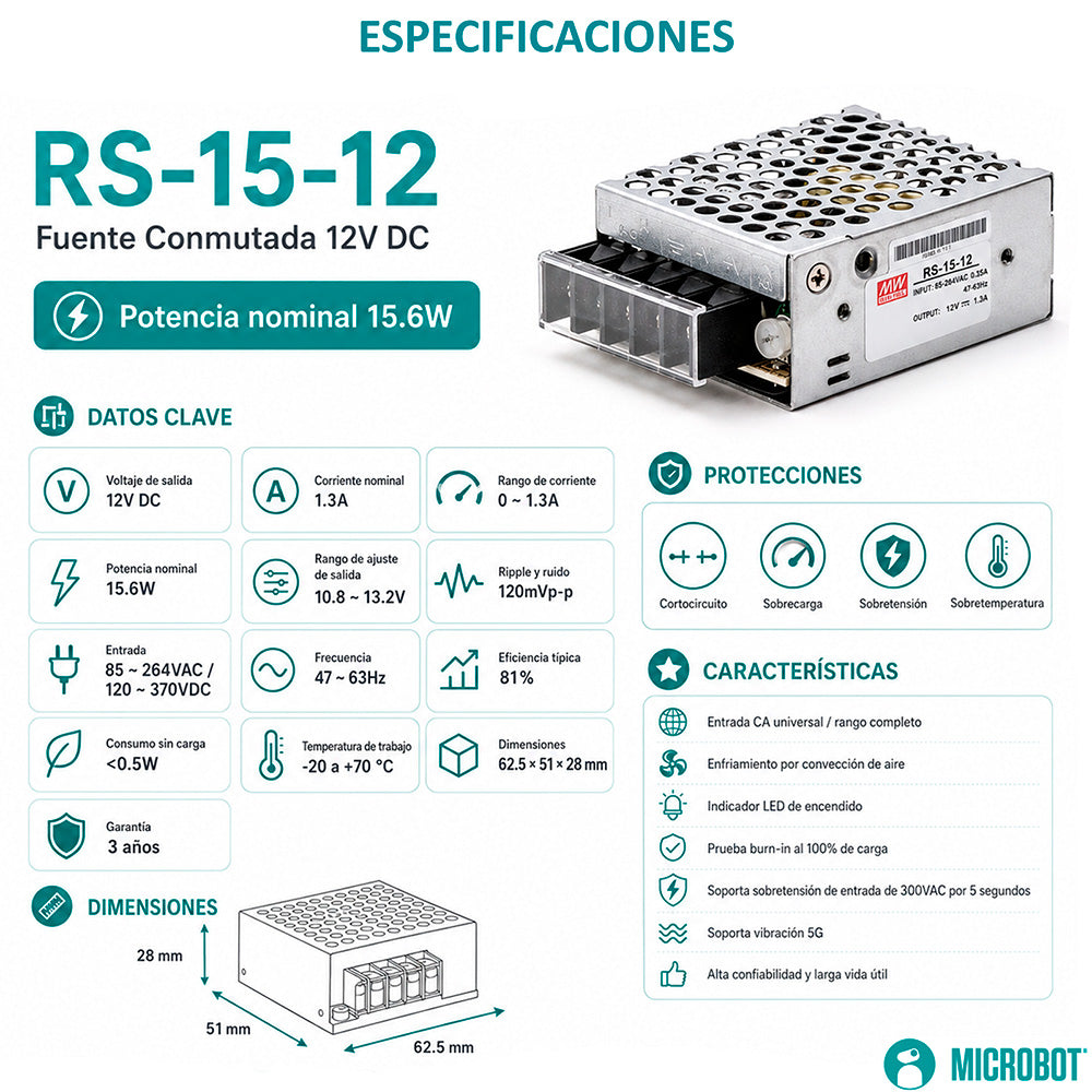 Fuente Mean Well RS-15-12 12V 15W Industrial Original IoT