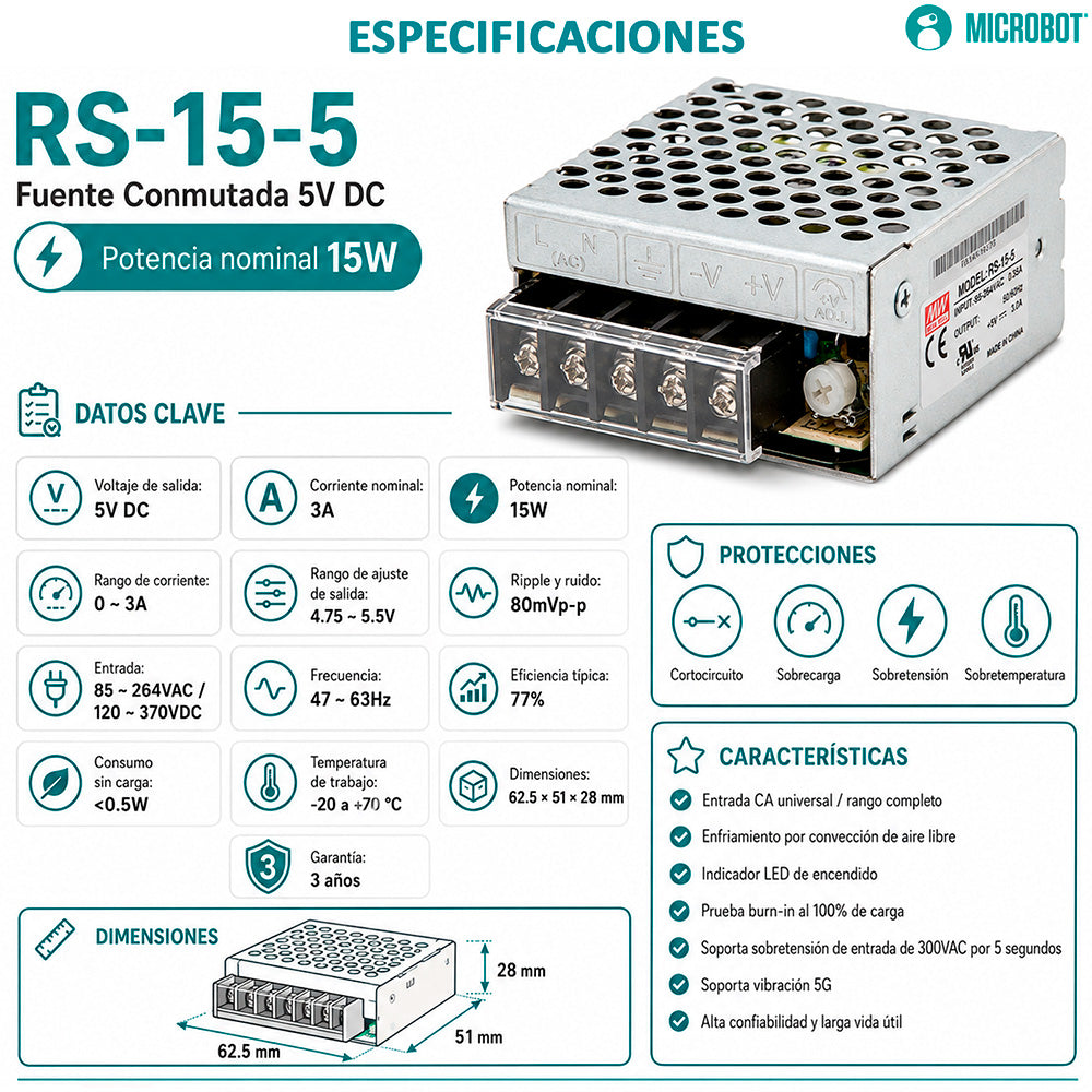 Fuente 5V 3A 15W Mean Well RS-15-5 Enclosed IoT Sensor