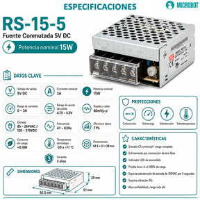Fuente 5V 3A 15W Mean Well RS-15-5 Enclosed IoT Sensor