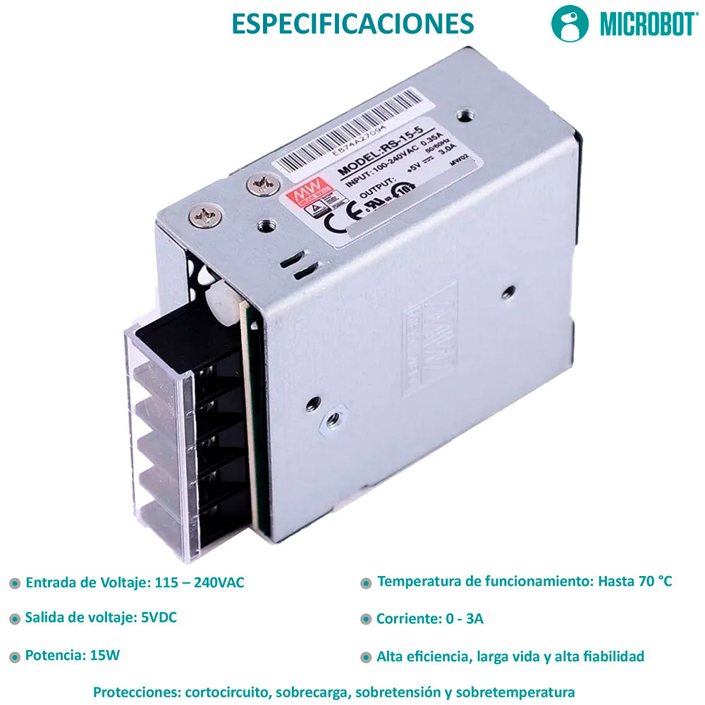 Fuente Conmutada 5V 3A 15W Mean Well RS-15-5 Industrial