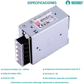 Fuente Conmutada 5V 3A 15W Mean Well RS-15-5 Industrial