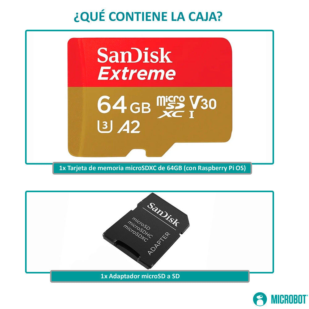 MicroSD 64GB SanDisk Extreme A2 V30 170MB/s Raspberry Pi OS Precargado