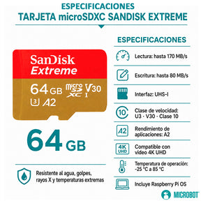 MicroSD 64GB SanDisk Extreme A2 V30 170MB/s Raspberry Pi OS Precargado