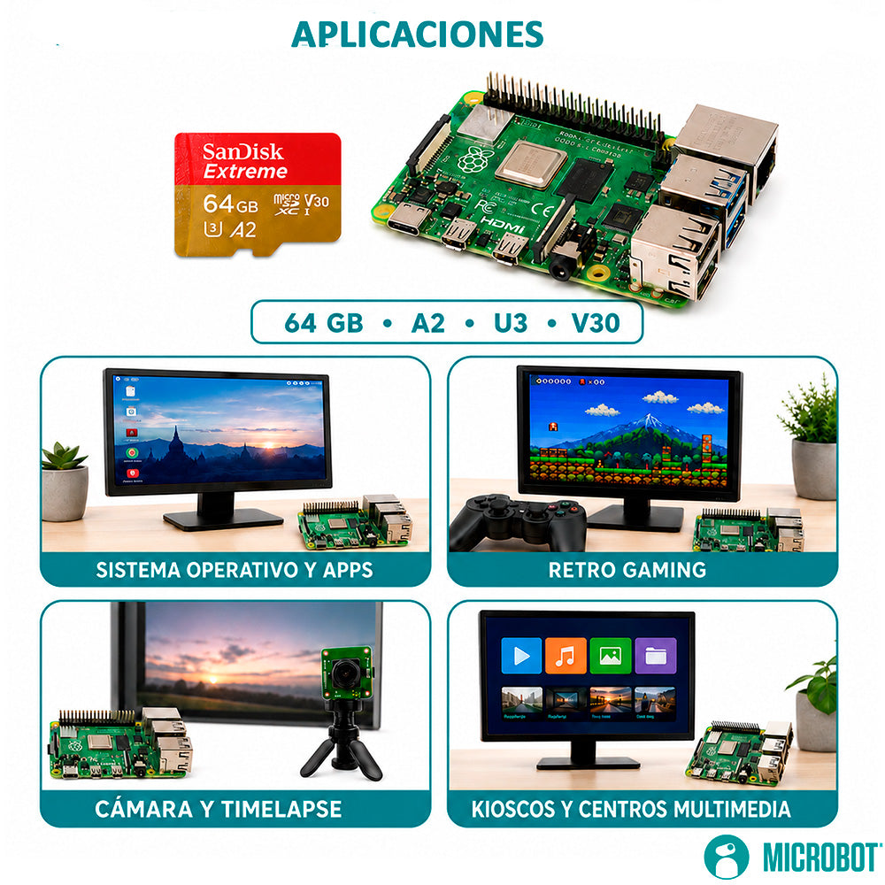 MicroSD 64GB SanDisk Extreme A2 V30 170MB/s Raspberry Pi OS Precargado
