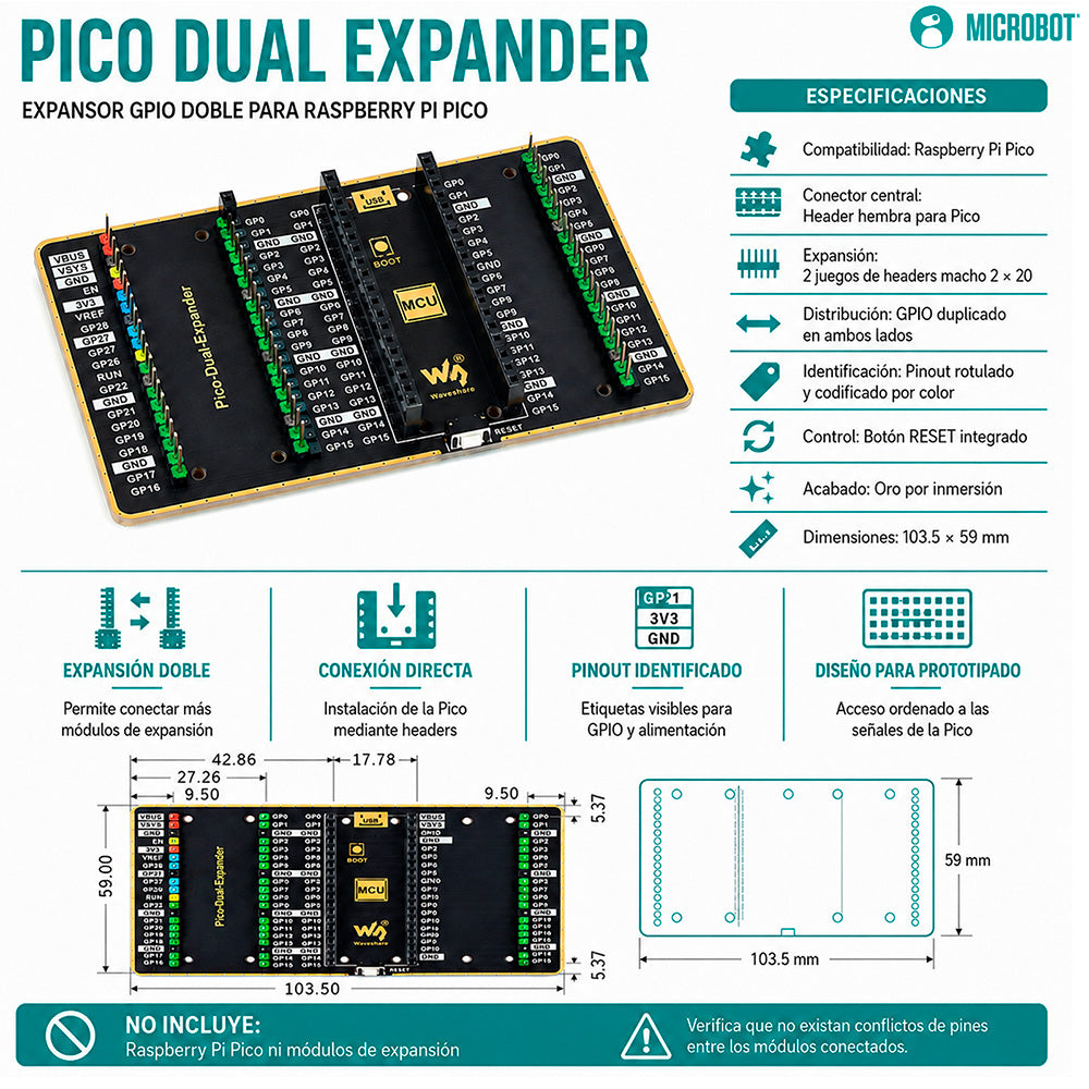 Expansor GPIO Dual Shield Raspberry Pi Pico 2x20 Headers