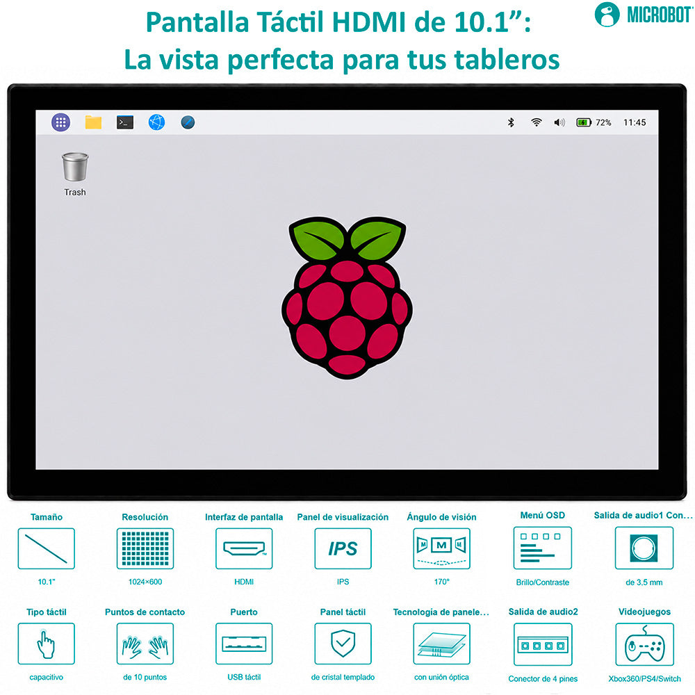 Pantalla HMI Táctil 10.1 Pulgadas HDMI Capacitiva 1024x600 IPS Raspberry Pi