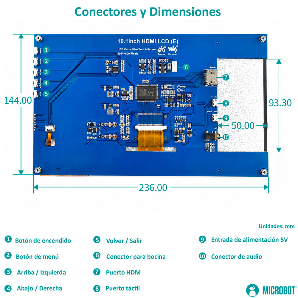 Pantalla HMI Táctil 10.1 Pulgadas HDMI Capacitiva 1024x600 IPS Raspberry Pi