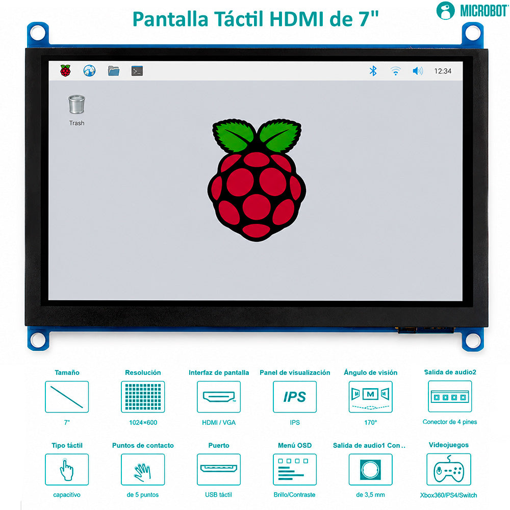 Pantalla HMI Táctil 7 Pulgadas HDMI Capacitiva 1024x600 Raspberry Pi