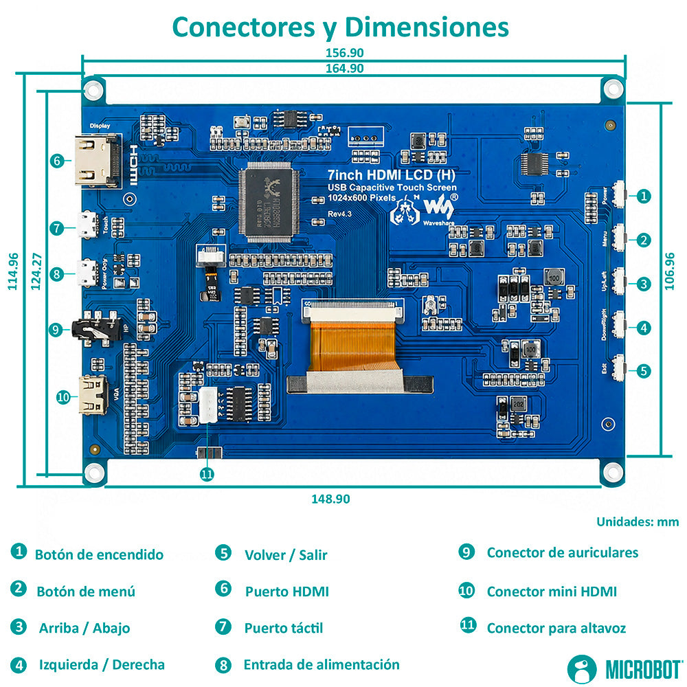 Pantalla HMI Táctil 7 Pulgadas HDMI Capacitiva 1024x600 Raspberry Pi