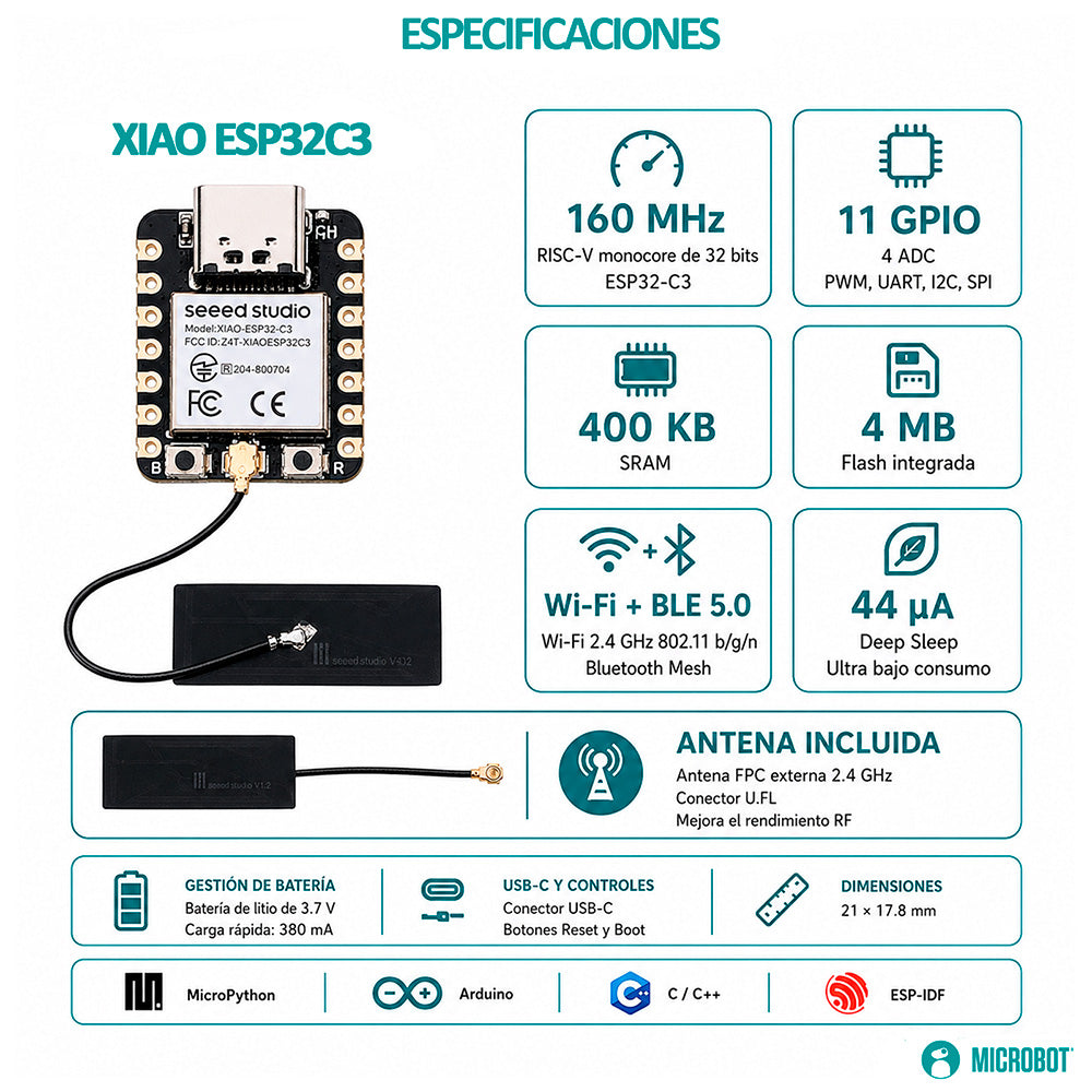 Módulo Wi-Fi BLE Seeed Studio XIAO ESP32-C3 RISC-V IoT