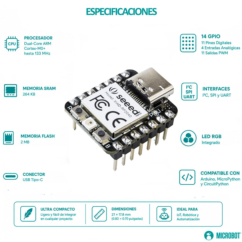 Microcontrolador Seeed Studio XIAO RP2040 2MB Flash USB-C