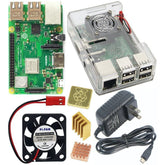 Raspberry Pi 3B+ kit with green circuit board, transparent case, cooling fan, power adapter, heatsinks, and microcontroller. - Kit Raspberry PI 3B+ - Microbot México - Negro